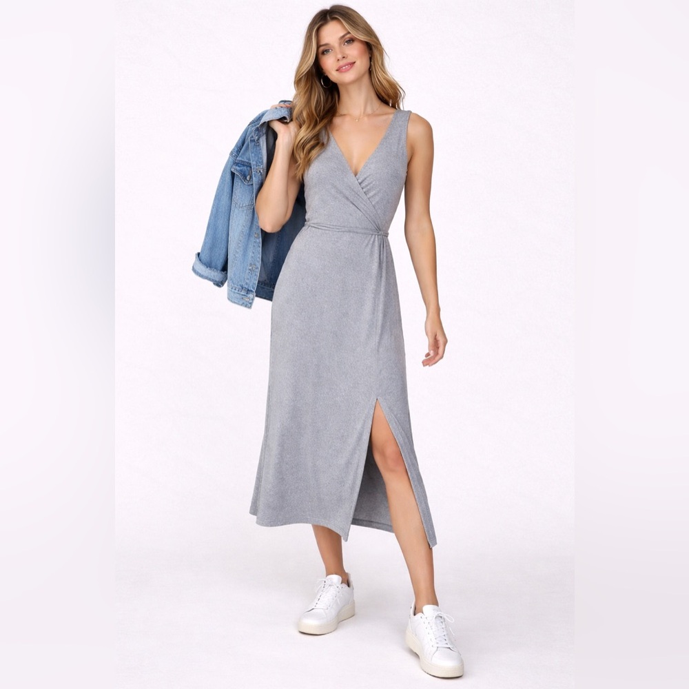 Vince Gray Wrap Midi Dress XS | Sleeveless‎ V-Neck Rayon Spandex Stretch Casual